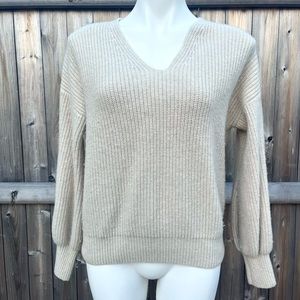 Madewell Oatmeal Colored V-Neck Cotton Sweater with Cuffed Sleeves